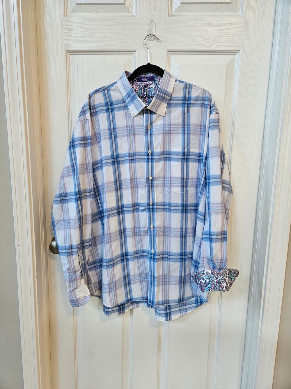 Alan Flusser Men’s XXL Plaid Button Front Shirt Blue Pink Paisley Trim Cotton